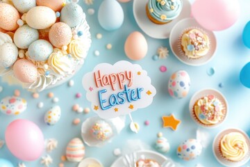 Happy easter celebration with colorful eggs and cupcakes on light blue background