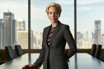 Caucasian CEO in a Boardroom A confident Caucasian woman with short blonde hair, wearing a charcoal-gray power suit with a silk blouse.