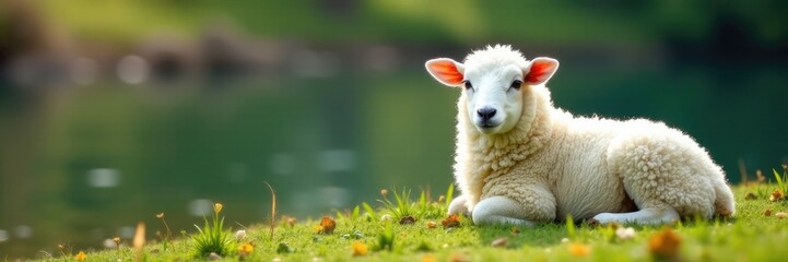 Obraz premium Fluffy white sheep resting near serene riverbank, serene, bank, water