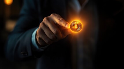 A businessman holding a glowing coin, fintech concept, cyberpunk style, isolated on white background.