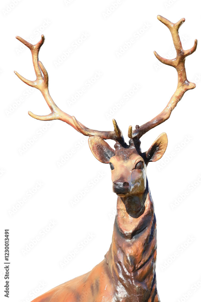 Poster a close-up shot of a detailed statue of a deer, often used for decorative purposes or as a symbol in