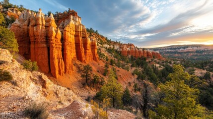 Majestic Sunrise Over Unique Rock Formations in Desert Canyon Landscape