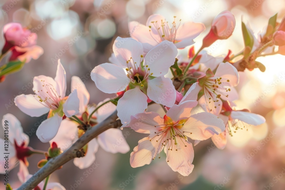 Poster beautiful branch of a blooming peach tree illuminated by the setting sun in spring