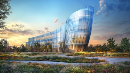 Obraz premium Modern Glass Building Amidst Vibrant Landscape