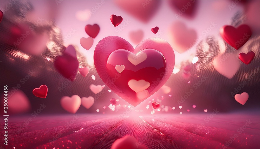 Poster a soft-focus background featuring floating red and pink hearts with a subtle glow, creating a dreamy