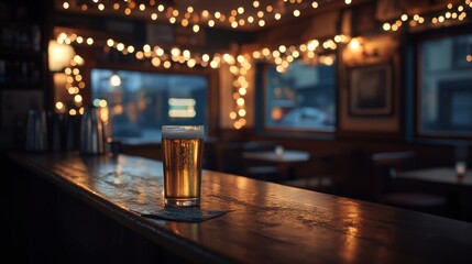 Beer Glass on Bar Counter with Warm Ambient Light in Pub Setting