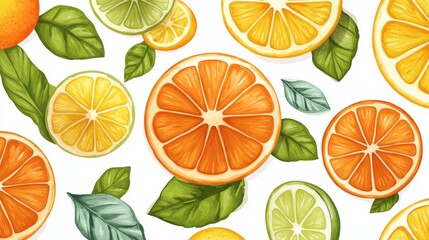 Obraz premium Vibrant Citrus Fruit Pattern with Slices and Leaves on White Background