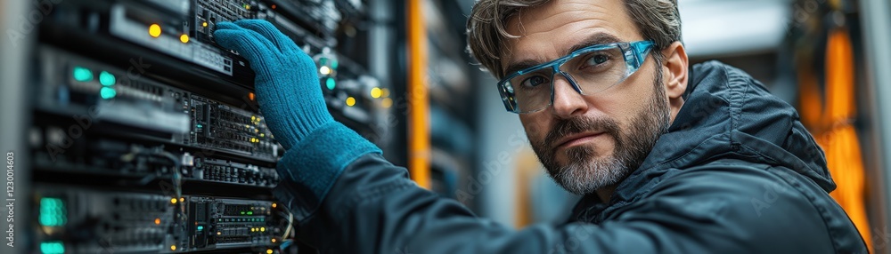 Poster man in server room analyzing data on computer surrounded by network equipment and servers