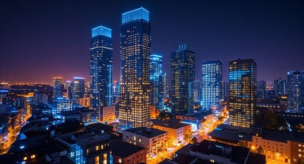 Modern city buildings glowing under city lights at night