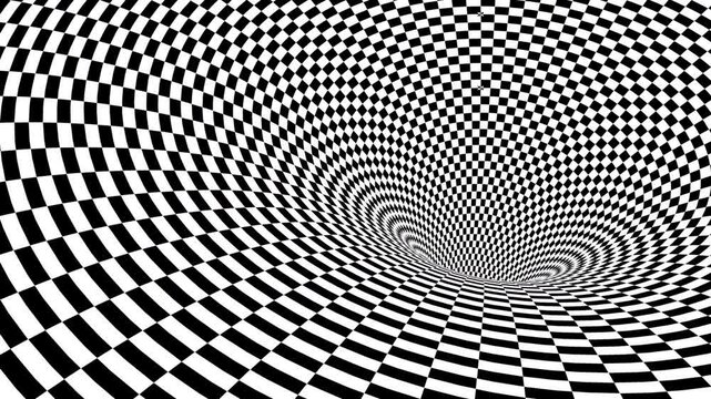 Vortex tunnel with right-aligned black and white small checkerboard pattern. Infinite loop. Animated background. VJ Loop.