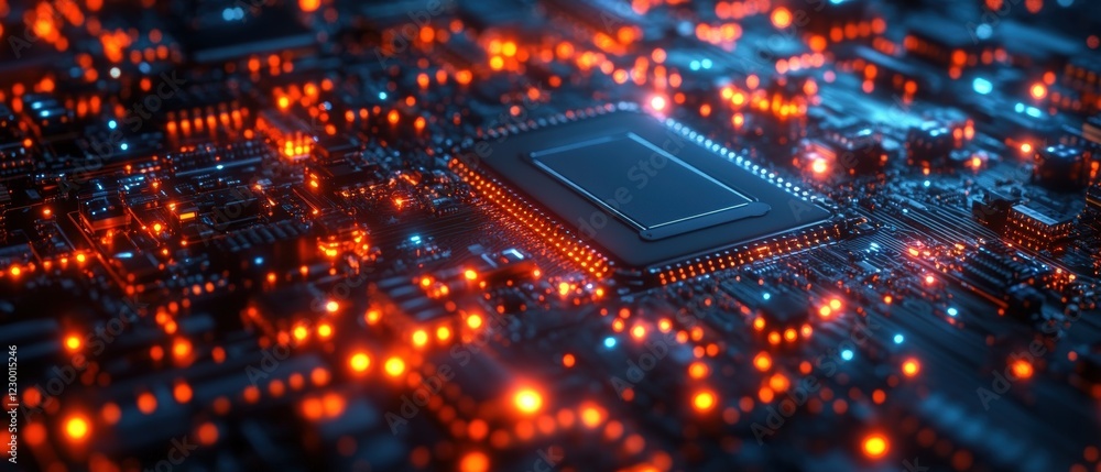 Poster computer chip with illuminated circuits and glowing lights on a dark background