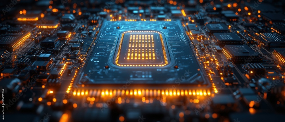Poster close up view of a computer motherboard with circuits and components for technology background