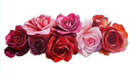 Obraz premium a cluster of roses in various shades of red and pink, romantic composition, oil painting style, isolated on white background.