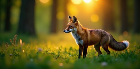 Fuchs in einem gr?nen Wald, bei Sonnenuntergang, abend, wilde natur, wandervogel