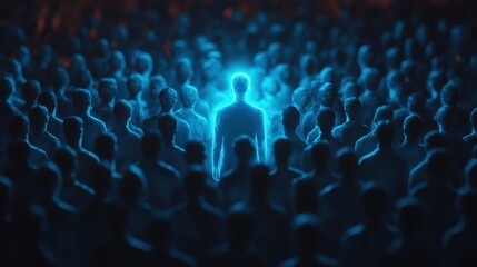 Obraz premium Glowing Figure Standing Out in a Crowd of Dark Silhouettes Symbolizing Individuality and Uniqueness in a Sea of Conformity