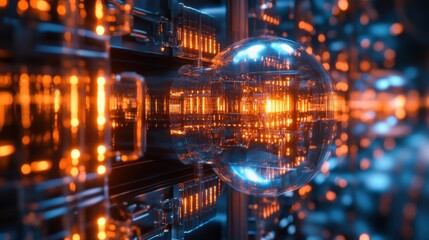 Obraz premium Futuristic Abstract Background with Glowing Orbs and Colorful Light Reflections in Technological Environment