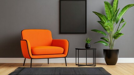 Bright Orange Chair with Plant in Modern Minimalist Living Room