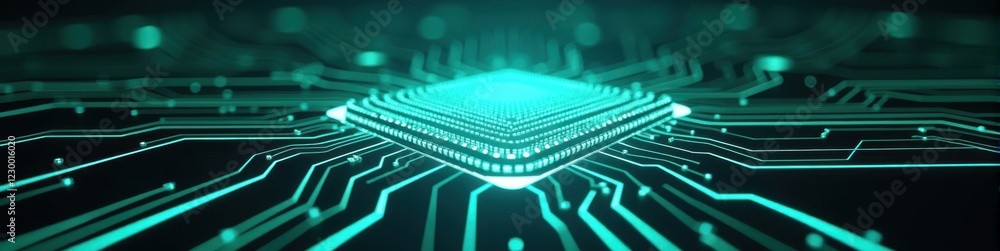 Poster 3d holographic circuit board with glowing turquoise edges emerging from the center, sleek high-tech 