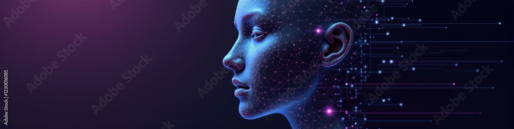 Poster polygonal ai face merging into circuit lines against dark purple background with bright cyan highlig
