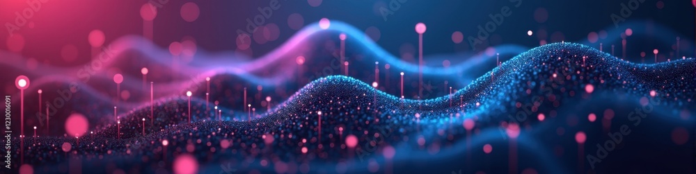 Poster abstract data orbs interconnected by glowing neon filaments against a gradient backdrop of midnight 