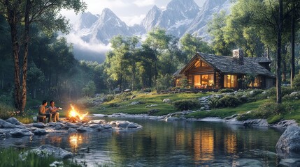 Fototapeta premium The quiet night in the mountain cabin