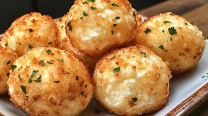 Fototapeta premium Crispy cheese balls served with fresh herbs on a plate in a cozy restaurant setting