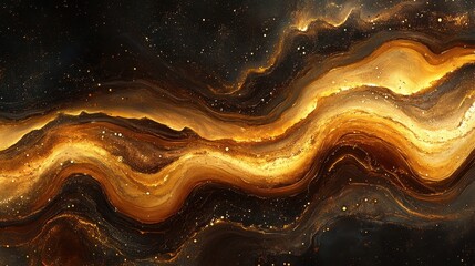 Abstract Cosmic Wave with Golden and Black Swirls Creating a Mesmerizing Celestial Pattern in a Starry Universe