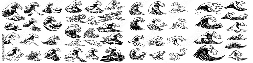 Poster diverse collection of wave illustrations showcasing dynamic patterns and styles for artistic use