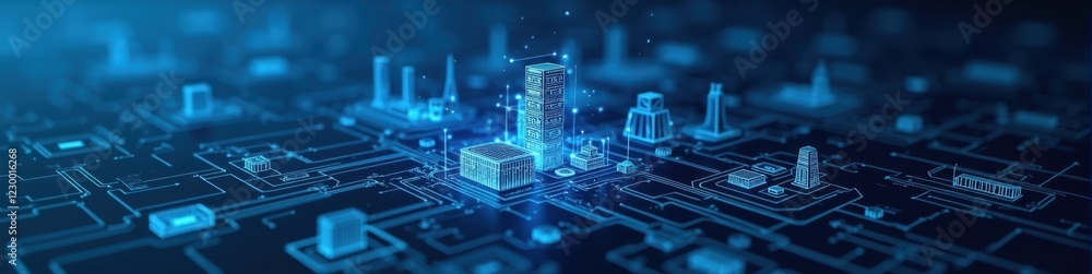 Poster stylized ai architecture in blueprint-style lines against a deep blue background, professional desig
