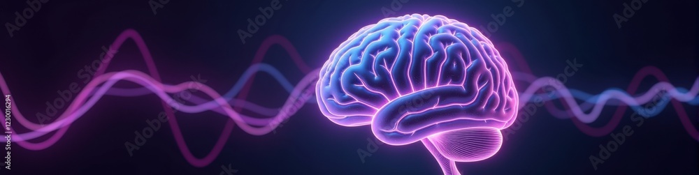 Aufkleber holographic brain with undulating wave patterns glowing in purples and blues against a dark backgrou