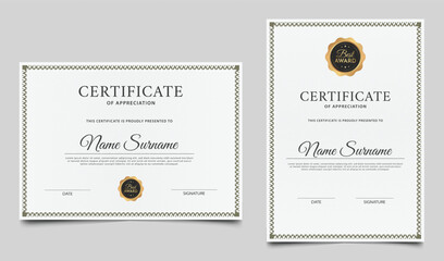 Certificate of appreciation template design. Minimalist certificate border with gold badge and lines pattern. Diploma award layout vector