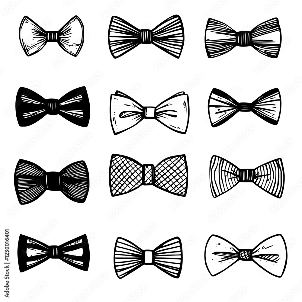 Poster various bow tie designs showcasing unique patterns and styles, perfect for formal occasions and fash