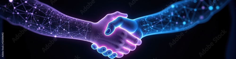 Poster glowing hands made of data threads clasping together against a black backdrop, representing synergy 