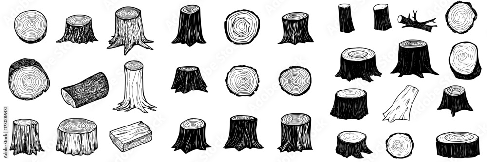 Poster collection of hand-drawn tree stumps in various shapes and sizes showcasing natural textures and pat
