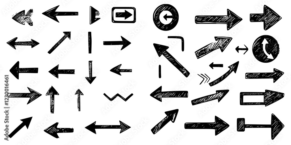 Poster dynamic collection of arrow icons showcasing various directions and styles in a minimalist design fo