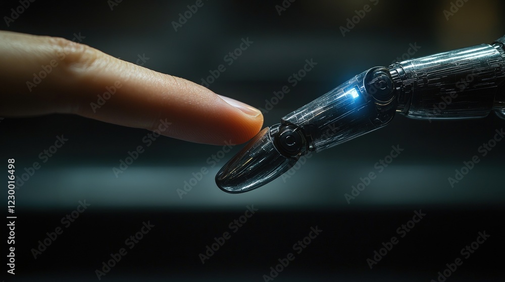 Poster person touching a robot with a finger in a technology and innovation setting