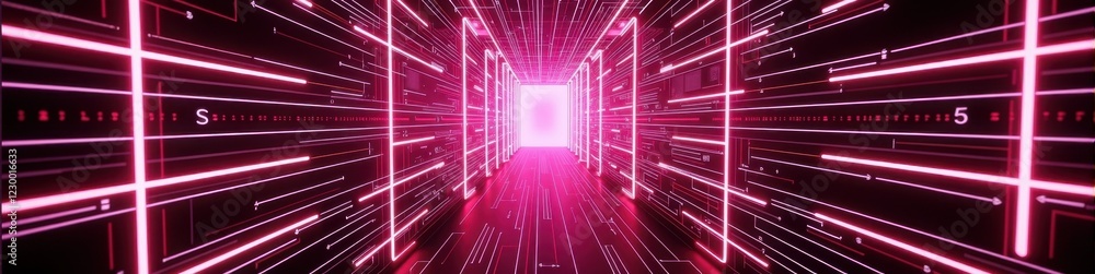 Poster tunnel-like corridor with floating lines of code and neon pink highlights, digital futurism. concept