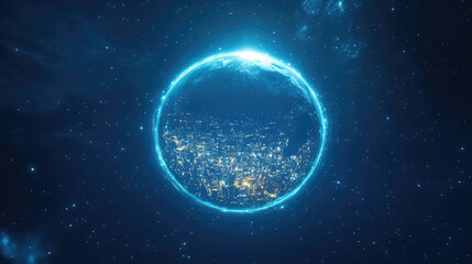 Obraz premium Futuristic Cityscape with Glowing Earth and Digital Technology