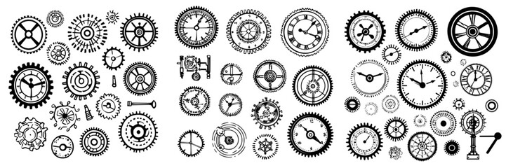 Gear patterns and clock designs in a modern aesthetic for a steampunk-inspired concept