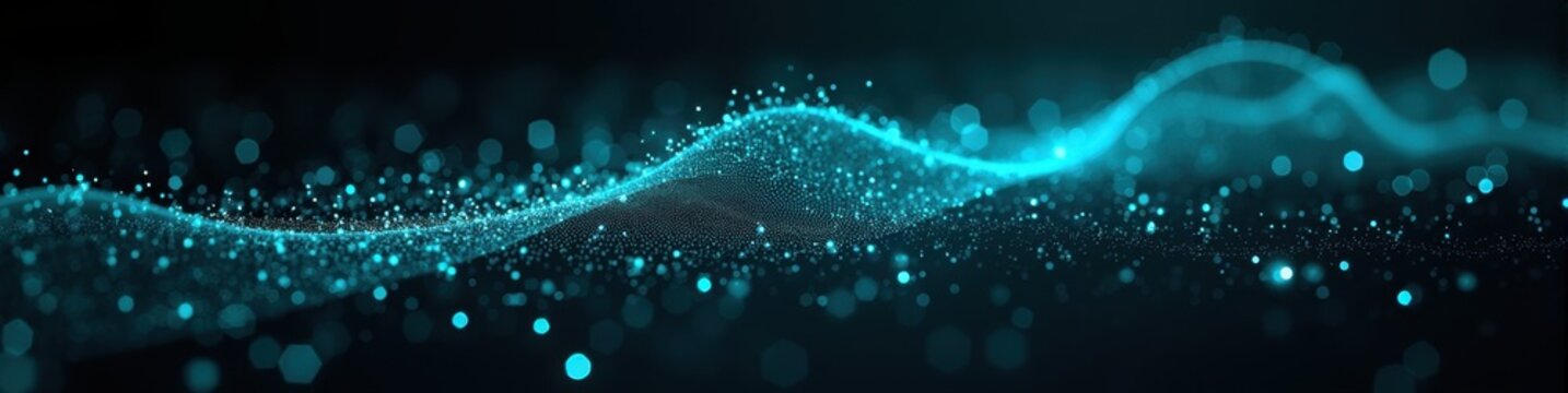 Glowing scatter plots with dynamic lines floating through a deep black to teal gradient, futuristic analytics concept. Technology LinkedIn Banner