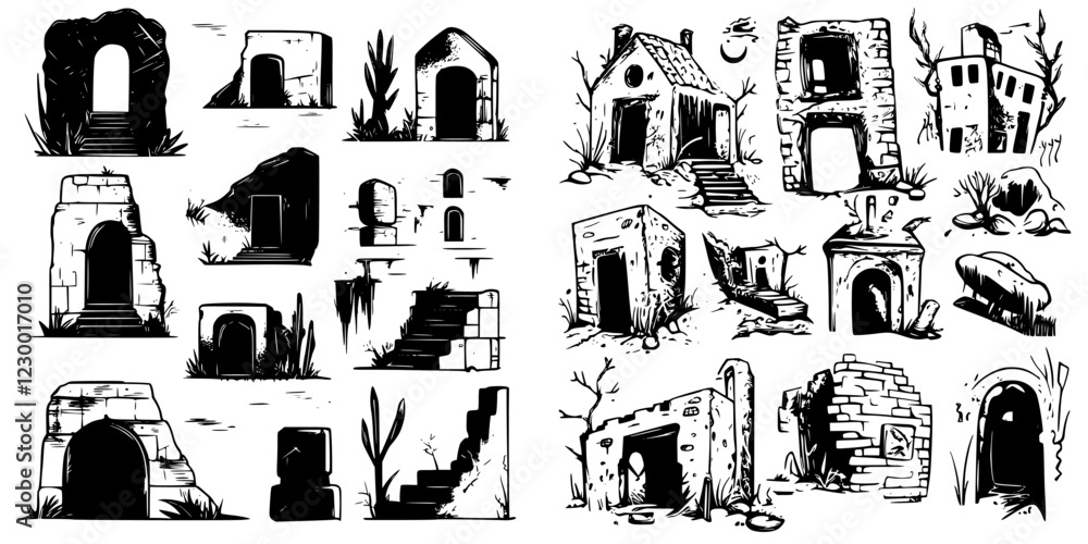 Poster exploring a collection of abstract architectural designs showcasing ruins and structures in a black 