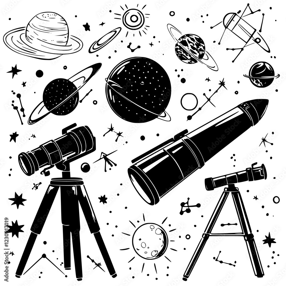 Poster exploration of celestial wonders with telescopes and planets in a cosmic backdrop featuring a futuri