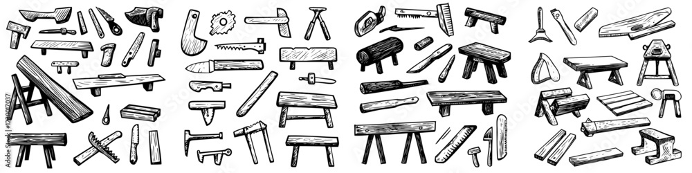 Poster a collection of woodwork tools on a white background showcasing their design and varied utility in c
