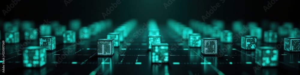 Poster rows of floating data matrix cubes glowing in bright turquoise on a black background, showcasing a h