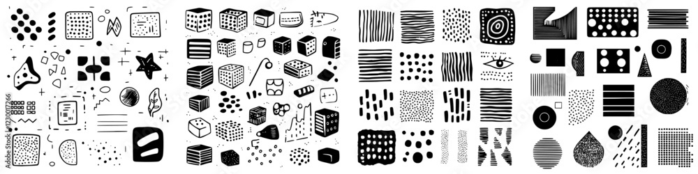 Poster geometric patterns featuring diverse shapes and textures in a minimalistic black and white design fo