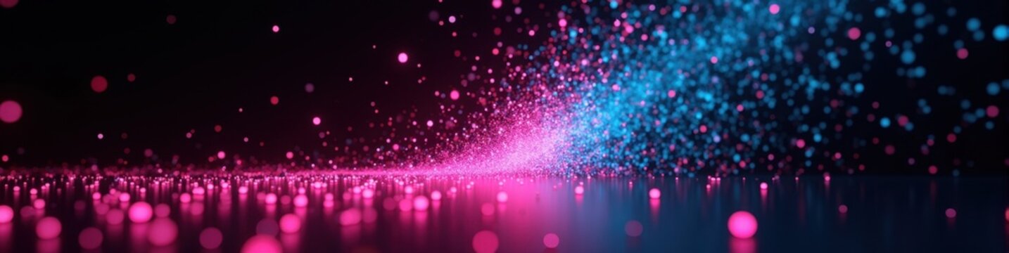 3D scatter plot with neon pink and blue particles swirling toward the center against a black backdrop, dynamic visualization concept. Futuristic Technology LinkedIn Banner
