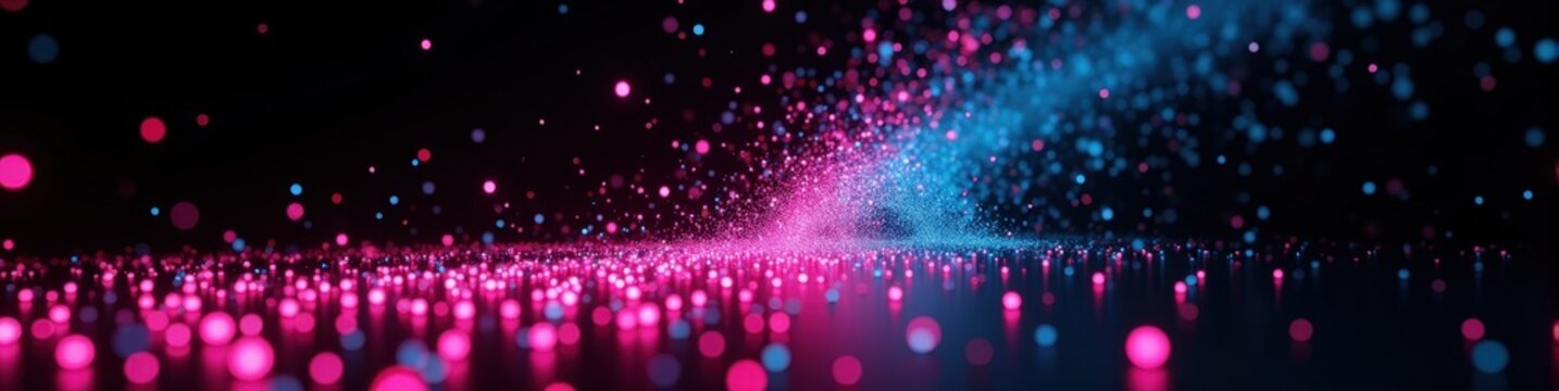 3D scatter plot swirling in neon pink and blue points on black backdrop, dynamic visualization concept. Futuristic Technology LinkedIn Banner