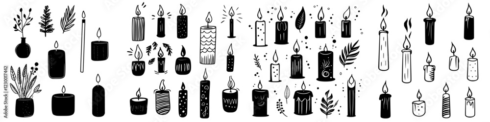 Poster candles of different shapes and designs arranged artistically on a simple white backdrop showcasing 