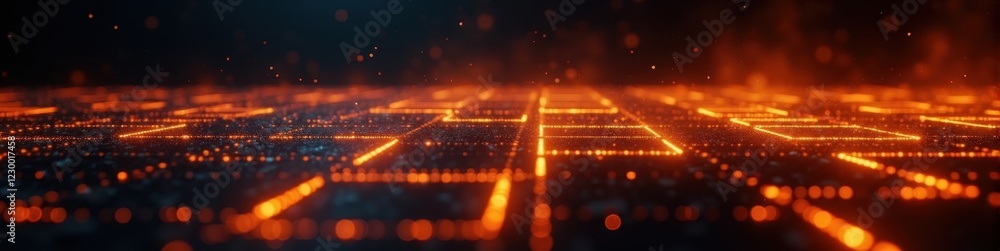 Poster abstract firewall grid with fiery orange edges and subtle code overlay on dark background, dramatic 