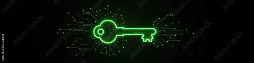 Aufkleber luminous key shape embedded in circuit patterns against a black background, innovative technology co